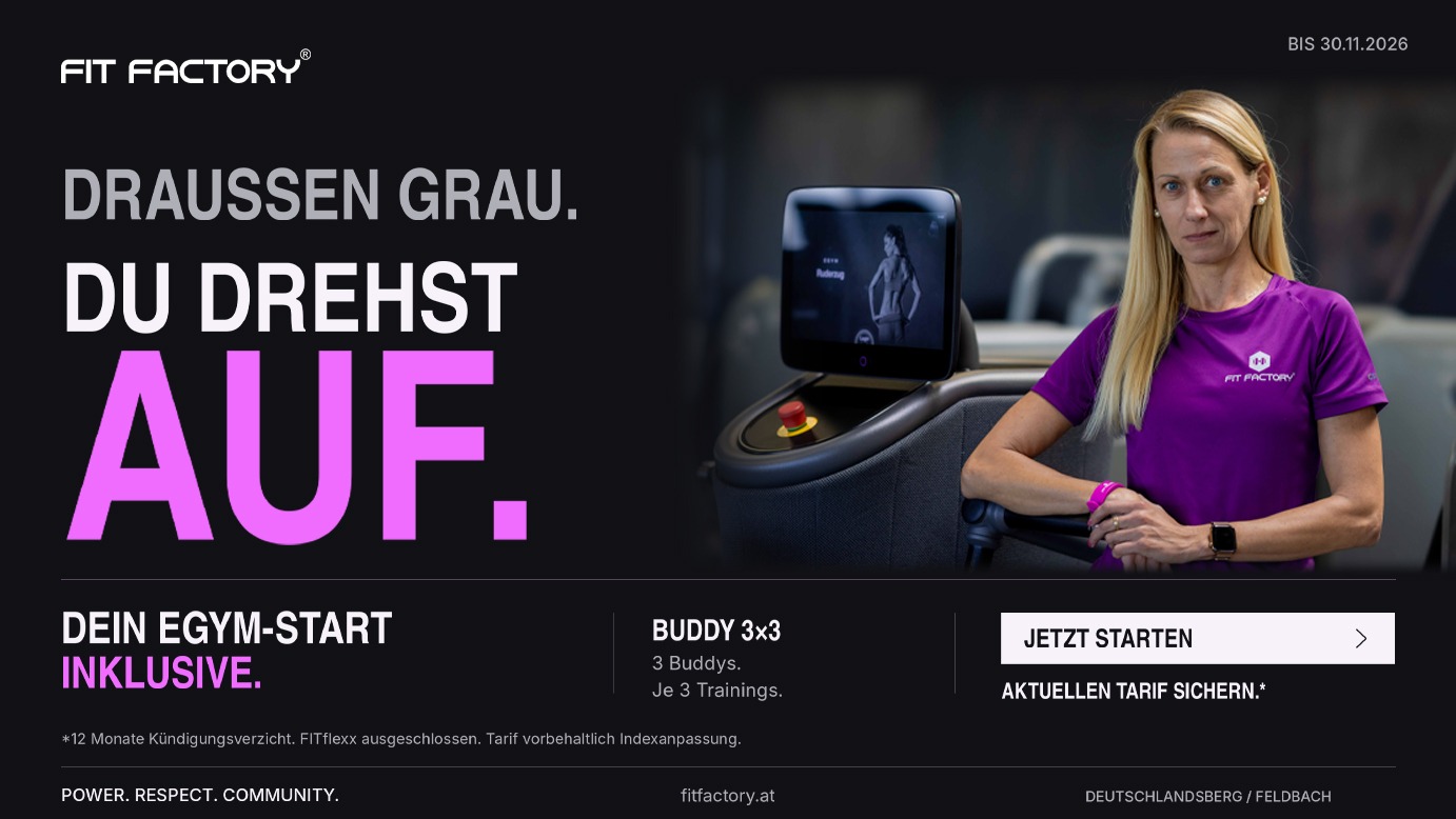 FITfactory Herbstaktion 2026 mit Verena: Draußen grau. Du drehst auf. EGYM-Start inklusive und Buddy 3×3.